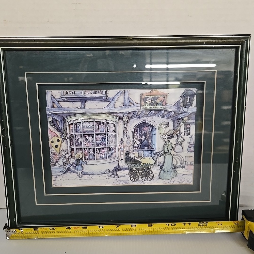 VTG Anton Pieck "The Toy Shop" 3D Artwork Framed Green Woman w/ Baby Carriage